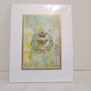 Art Print Splatter Bee Wreath Bow Title ''Queen'' Green Yellow Gold Matted New